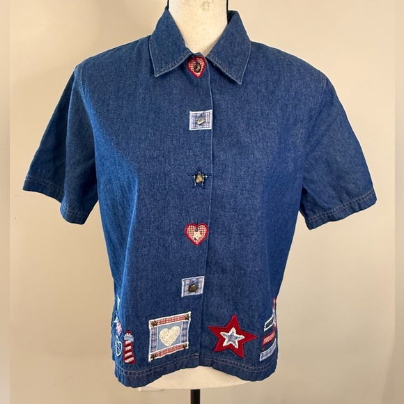 Koret vintage cotton denim patchwork embroidered short sleeve shirt SZ SM - Picture 6 of 12